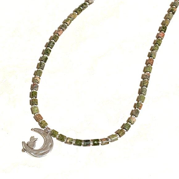 Unakite Stone Silver Cat on the Moon Necklace, Genuine Gemstone Beaded Necklace - Picture 7 of 10